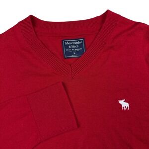 Abercrombie & Fitch Red V-Neck Sweater Merino Wool Blend Moose Logo Mens Medium